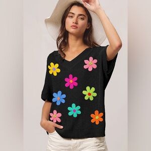 Anthropologie Black Knit V-Neck Sweater Top with Bright Floral Appliqués